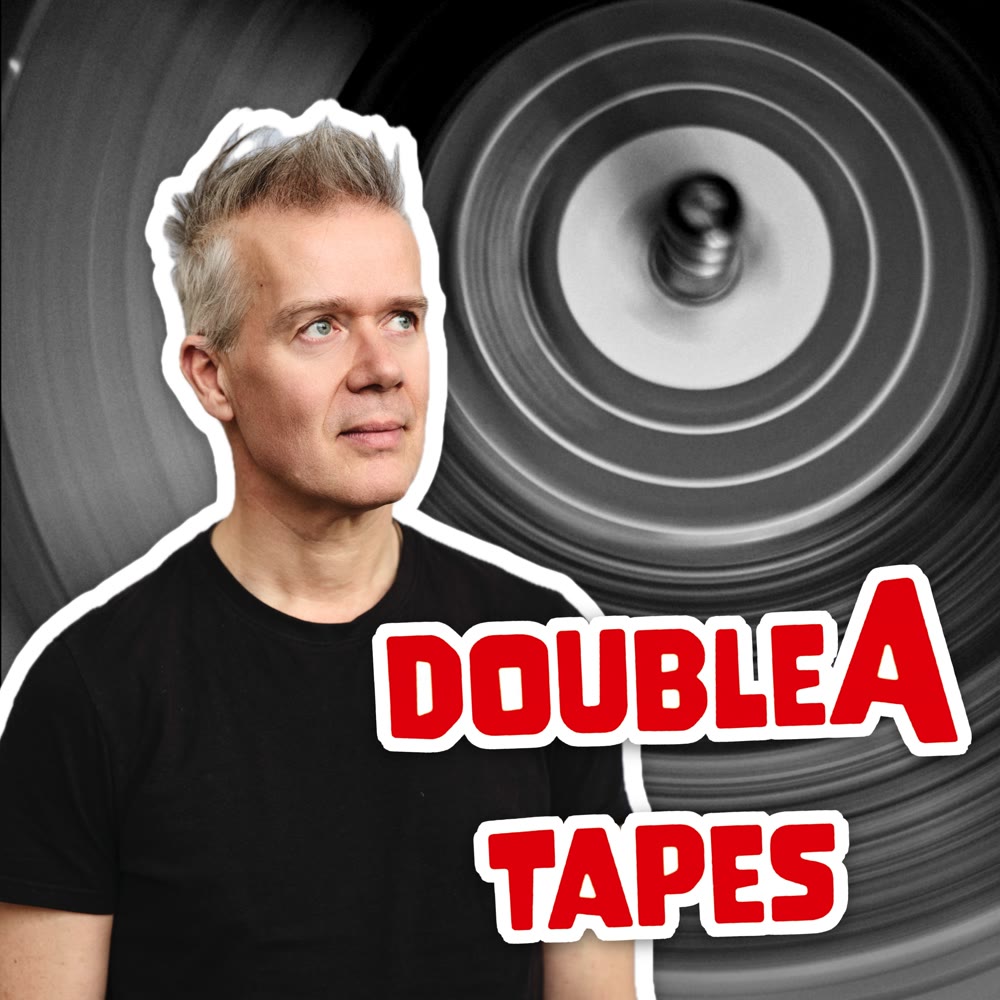 Cover of the doubleA tapes podcast: Michel van der Aa in front of a spinning tape reel, next to the title doubleA tapes