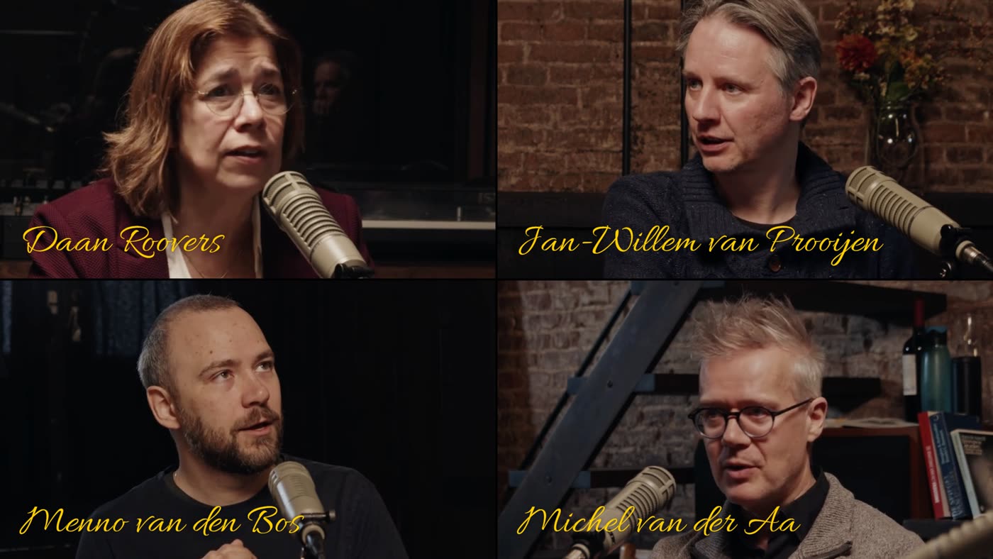 The four guests of the first podcast episode in a grid, each with their name in yellow handwriting: Daan Roovers, Jan-Willem van Prooijen, Menno van den Bos and Michel van der Aa